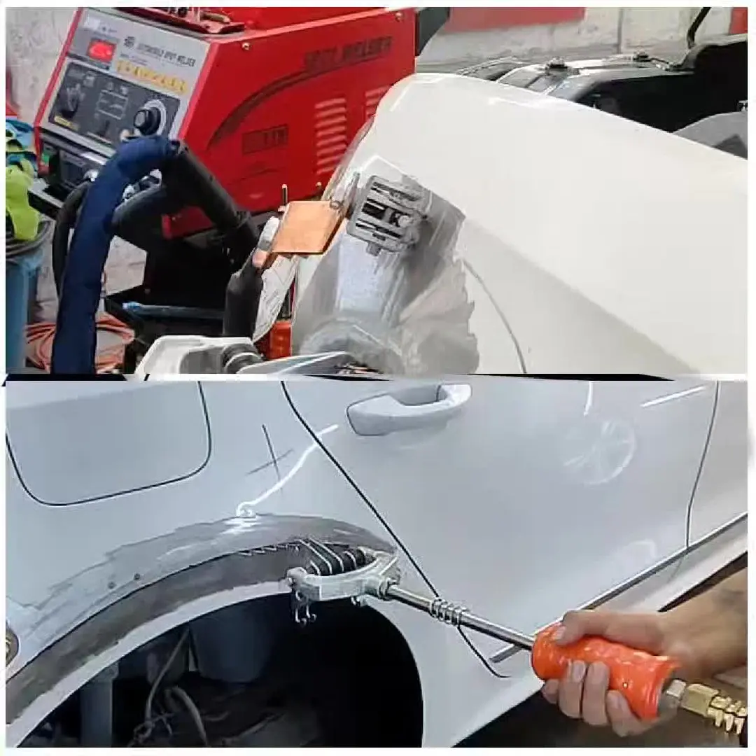 Proceso de reparación y enderezado de un panel blanco